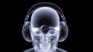brain with headphones