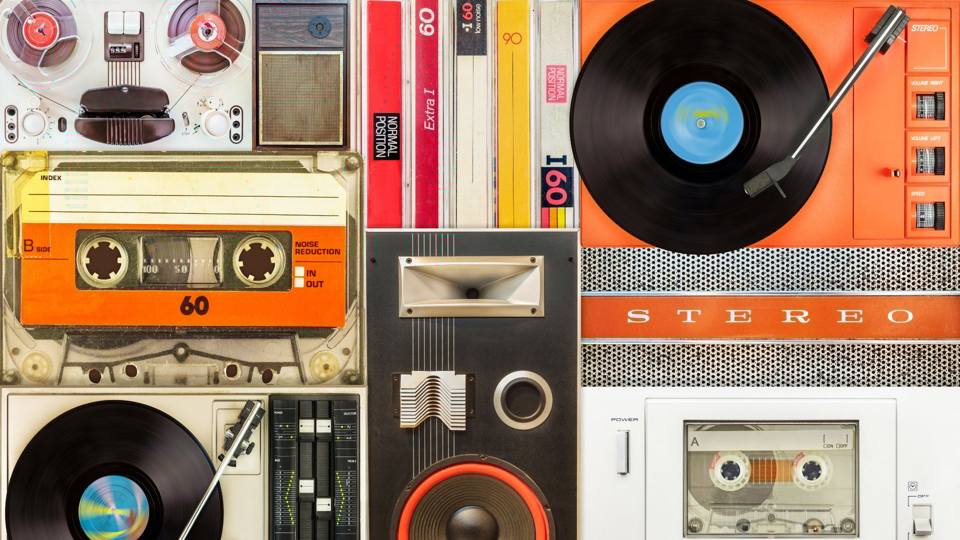 A collection of classic audio formats and players, like turntables and cassette decks, representing the 'sound of nostalgia'.