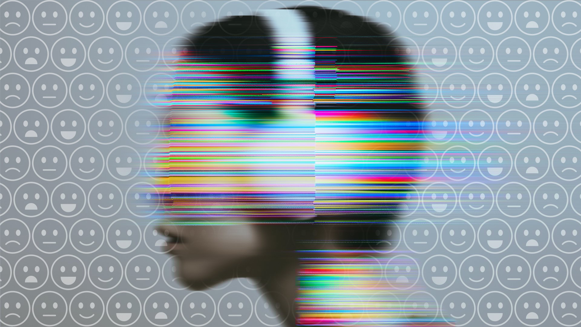 digital glitch girl wearing headphones, happy sad smiley face wallpaper in the background