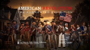 Digital illustration for "American Revolution: The Augmented Exhibition" featuring a diverse group of Continental soldiers, a Native American warrior, and colonial civilians standing before a sunrise.