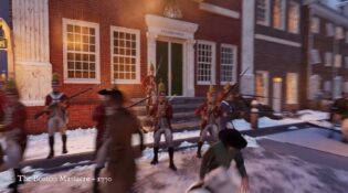 An augmented reality recreation of the 1770 Boston Massacre, showing British Redcoats in formation outside the Custom House during a snowy night.