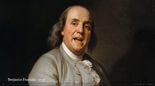 An AI-enhanced representation of Benjamin Franklin as he appeared in 1776, used for dynamic narrative voiceovers in the exhibition.