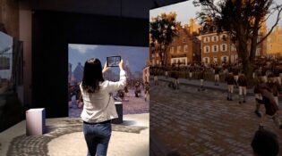 A visitor using a HistoPad tablet to overlay an augmented reality 18th-century street scene onto the physical museum environment.