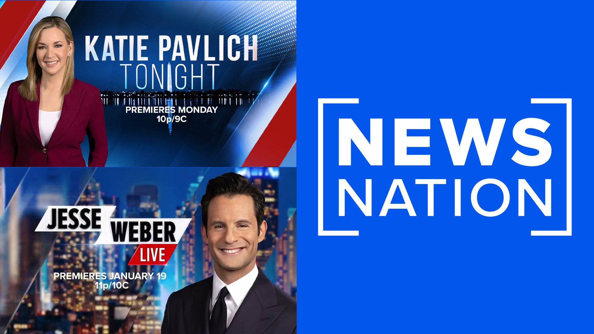 A composite image featuring the NewsNation logo alongside promotional graphics for two new primetime programs: "Katie Pavlich Tonight," premiering at 10p/9c, and "Jesse Weber Live," premiering January 19 at 11p/10c.
