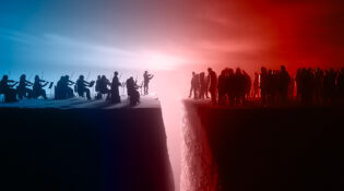 orchestra and audience on opposite sides of a clif