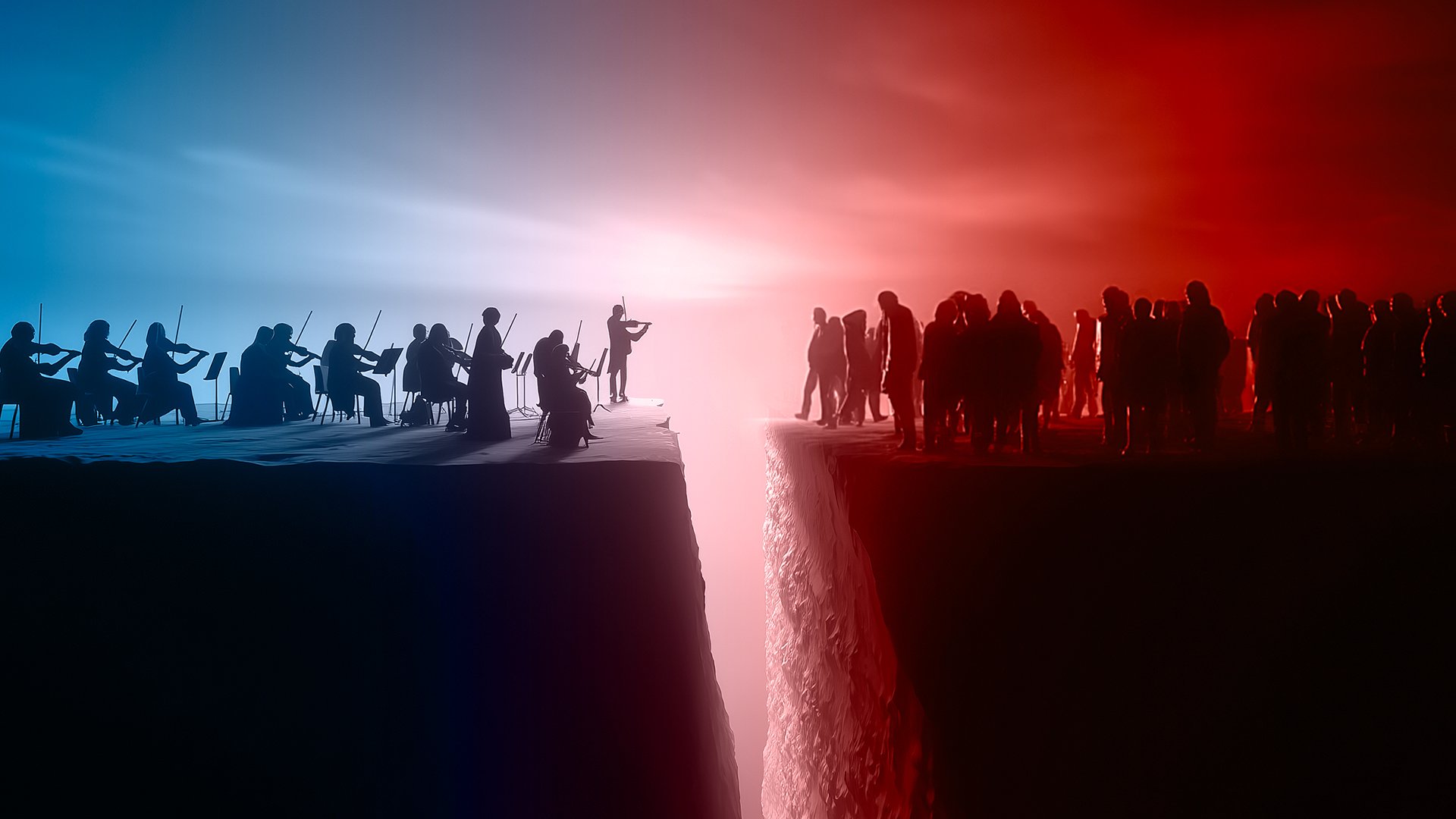 orchestra and audience on opposite sides of a clif