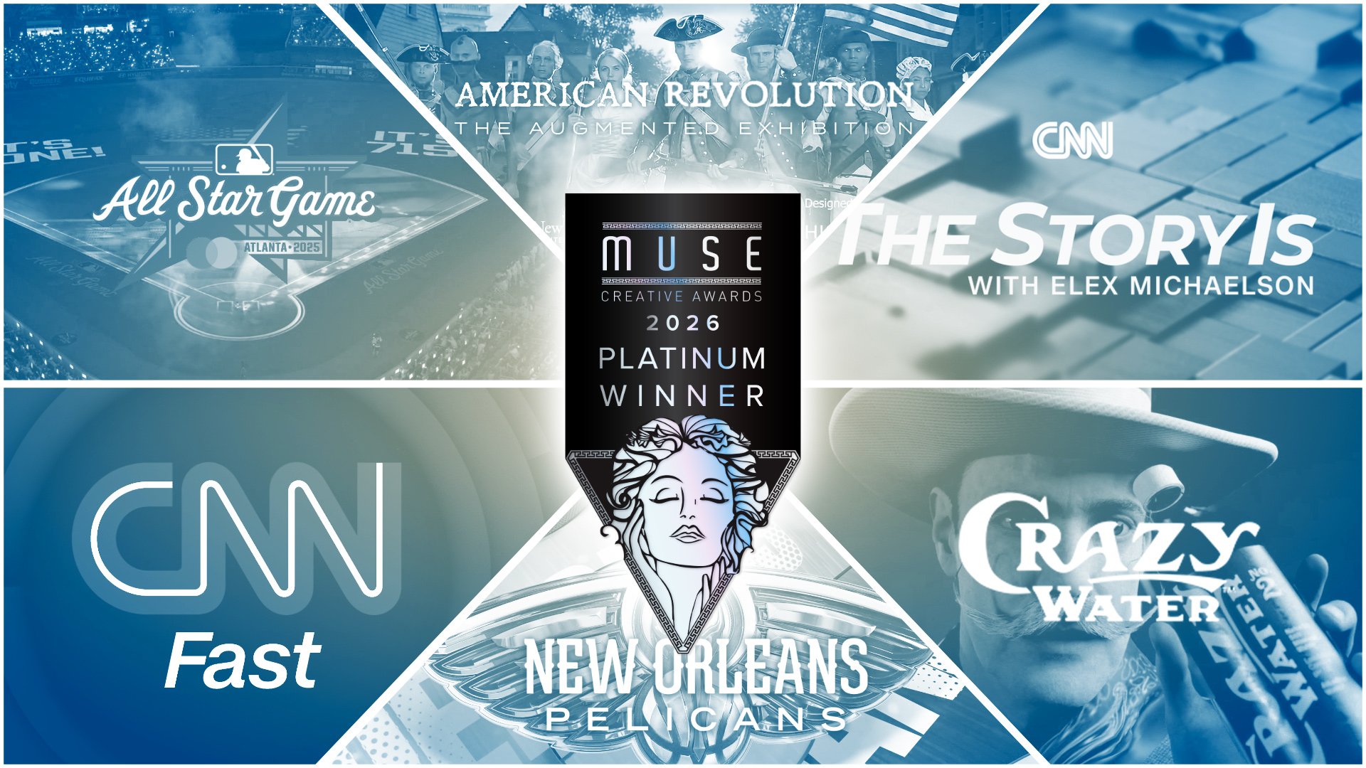 A collage of 2026 MUSE Creative Award-winning projects by Stephen Arnold Music, featuring a central "Platinum Winner" seal. Surrounding images include branding for the MLB All-Star Game, American Revolution Augmented Experience, CNN's The Story Is, CNN Fast, New Orleans Pelicans, and Crazy Water.