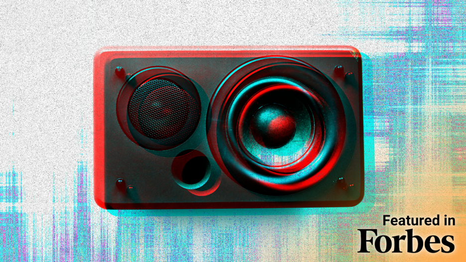 A stylized, high-contrast image of a black speaker with vibrant red and cyan "glitch" effects, featuring the text "Featured in Forbes" in the bottom right corner.