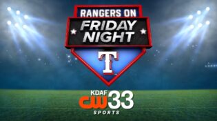 Video thumbnail for Rangers on Friday Night sports broadcast theme on KDAF CW33 Sports, featuring a bold 3D red and blue home plate shield logo over a stadium field.