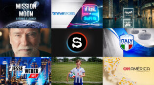 A 3x3 grid image of Stephen Arnold Music's Spring 2026 featured projects, showcasing graphics for CNN's Mission to the Moon, TMRW Sports TGL, Al Arabiya, Arnold Schwarzenegger for Momentous, the SAM logo, Italy 2026 Winter Games, Jesse Weber Live, a youth soccer player, and CNN América.