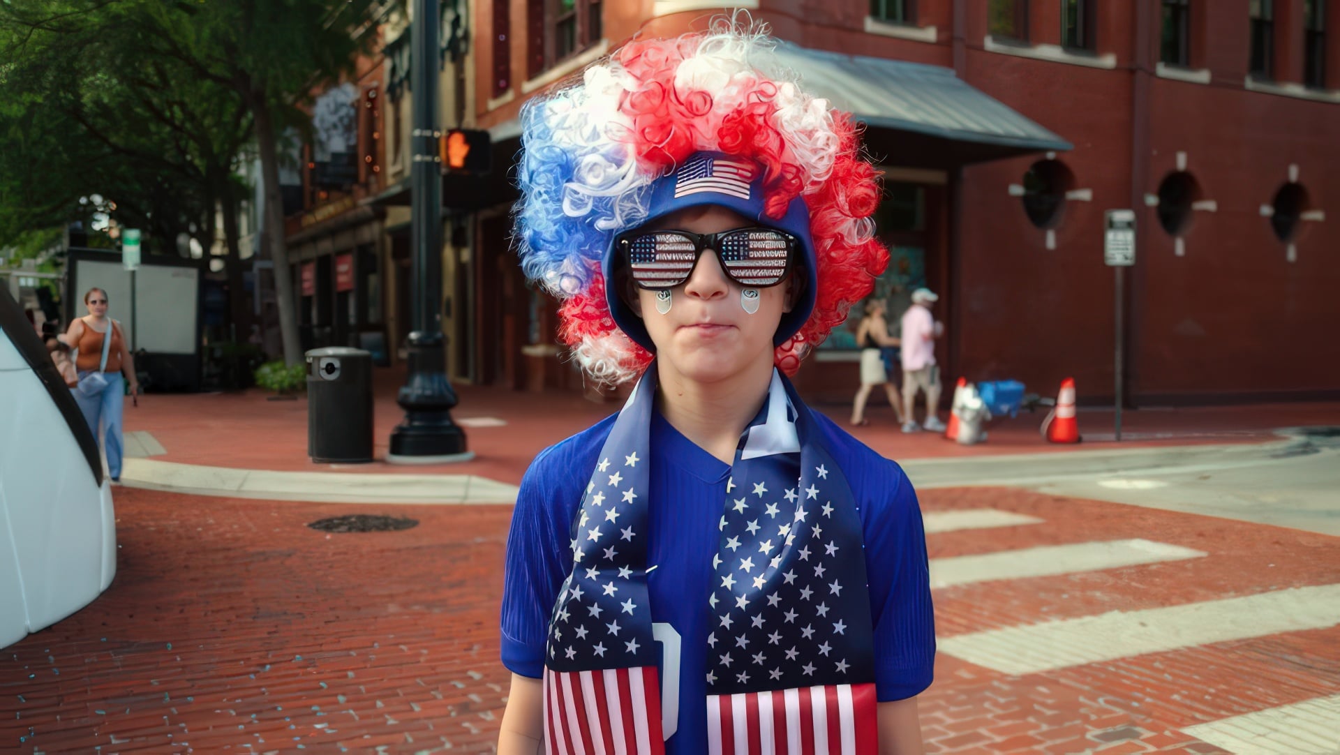 A young soccer fan wearing a red, white, and blue afro wig, American flag sunglasses, and an American flag scarf on a city street.