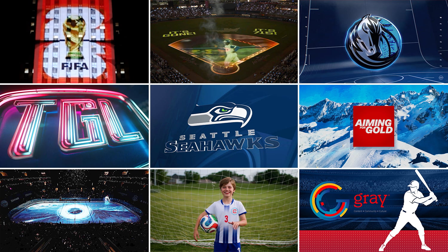A 9-piece grid layout highlighting Stephen Arnold Music's sports sonic branding projects for major sports events and teams.